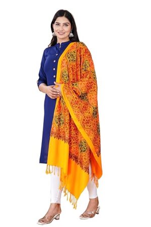 Soft Wool Embroidered Stole for Women, Yellow Traditional Shawl with Fringe Detail, 80L x 30W Inch, Machine Washable